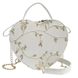 Heart-Shaped Floral Embroidered Bag - Cute Purse Crossbody - White NWT